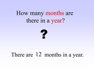 How many months are
there in a year?
?
There are ….. months in a year.
12
 