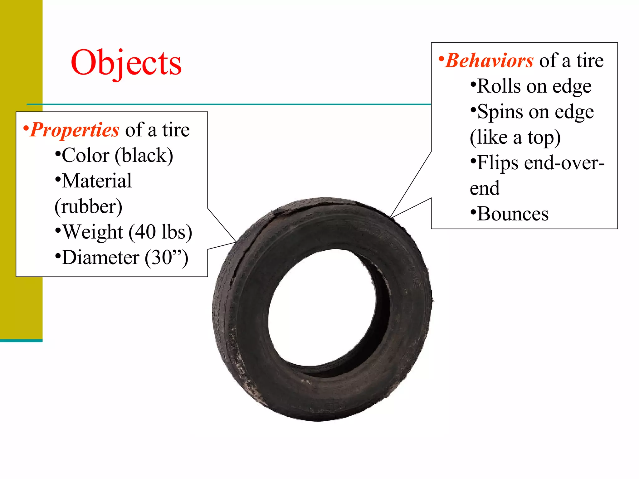 Objects Properties  of a tire Color (black) Material (rubber) Weight (40 lbs) Diameter (30”) Behaviors  of a tire Rolls on edge  Spins on edge (like a top) Flips end-over-end Bounces 