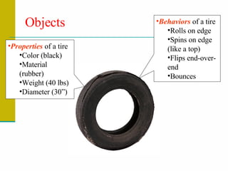 Objects Properties  of a tire Color (black) Material (rubber) Weight (40 lbs) Diameter (30”) Behaviors  of a tire Rolls on edge  Spins on edge (like a top) Flips end-over-end Bounces 
