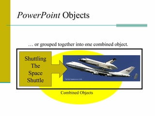 PowerPoint  Objects … or grouped together into one combined object.  Shuttling The Space Shuttle Combined Objects 