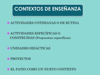 ❖ ACTIVIDADES COTIDIANAS O DE RUTINA
❖ ACTIVIDADES ESPECÍFICAS O
CONSTRUIDAS (Propuestas específicas)
❖ UNIDADES DIDÁCTICAS
❖ PROYECTOS
❖ EL PATIO COMO UN NUEVO CONTEXTO
CONTEXTOS DE ENSEÑANZA
 