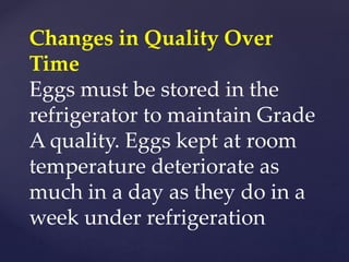 Changes in Quality Over
Time
Eggs must be stored in the
refrigerator to maintain Grade
A quality. Eggs kept at room
temperature deteriorate as
much in a day as they do in a
week under refrigeration
 