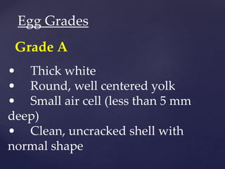 Egg Grades
Grade A
• Thick white
• Round, well centered yolk
• Small air cell (less than 5 mm
deep)
• Clean, uncracked shell with
normal shape
 