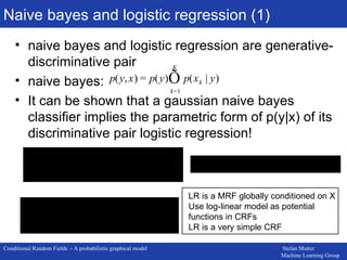 Naive bayes and logistic regression (1) naive bayes and logistic regression are generative-discriminative pair naive bayes:  It can be shown that a gaussian naive bayes classifier implies the parametric form of p(y|x) of its discriminative pair logistic regression! LR is a MRF globally conditioned on X  Use log-linear model as potential  functions in CRFs LR is a very simple CRF 