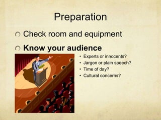 Preparation
Check room and equipment
Know your audience
• Experts or innocents?
• Jargon or plain speech?
• Time of day?
• Cultural concerns?
 