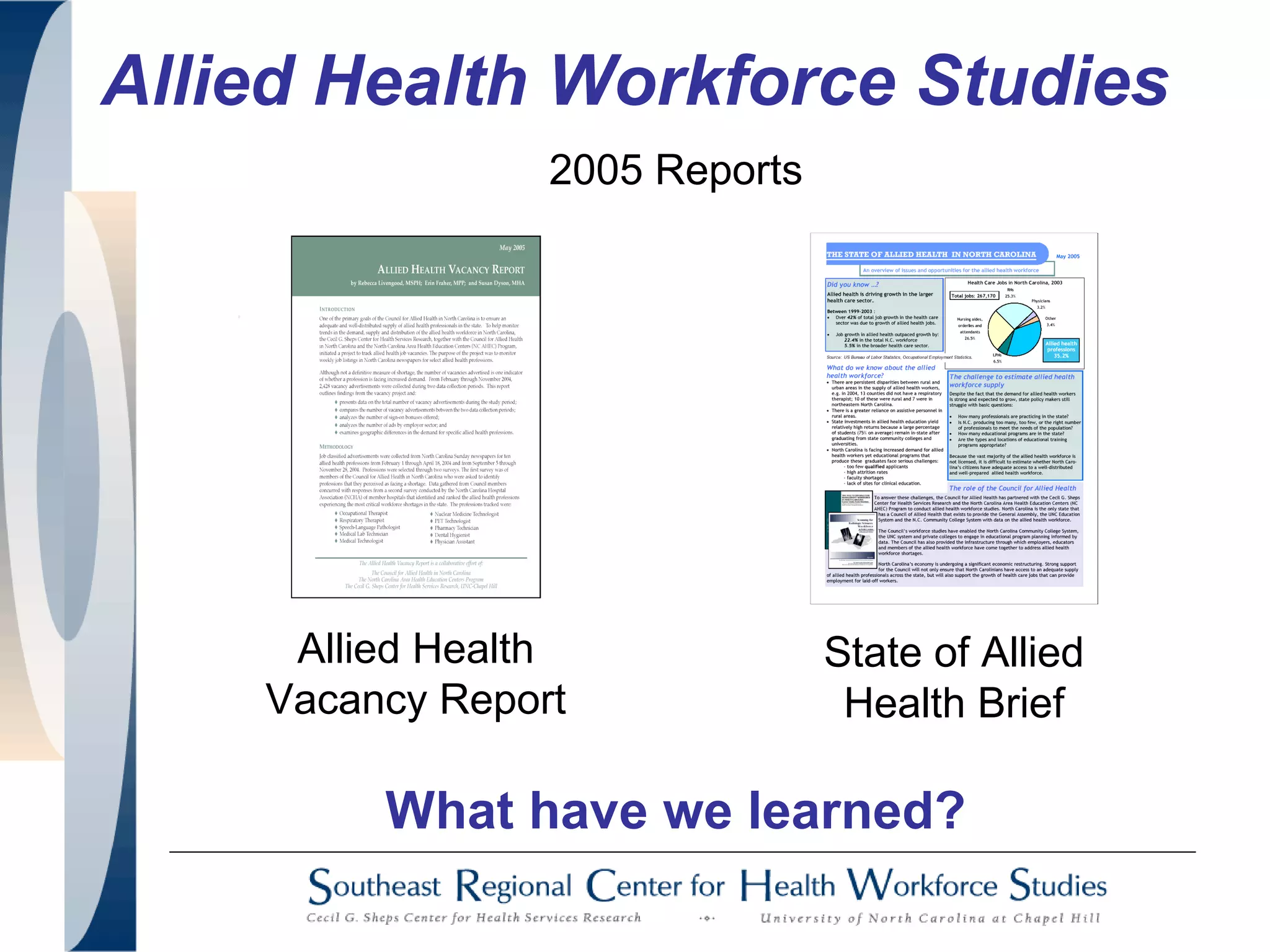 Allied Health Workforce Studies
What have we learned?
Allied Health
Vacancy Report
2005 Reports
State of Allied
Health Brief
 