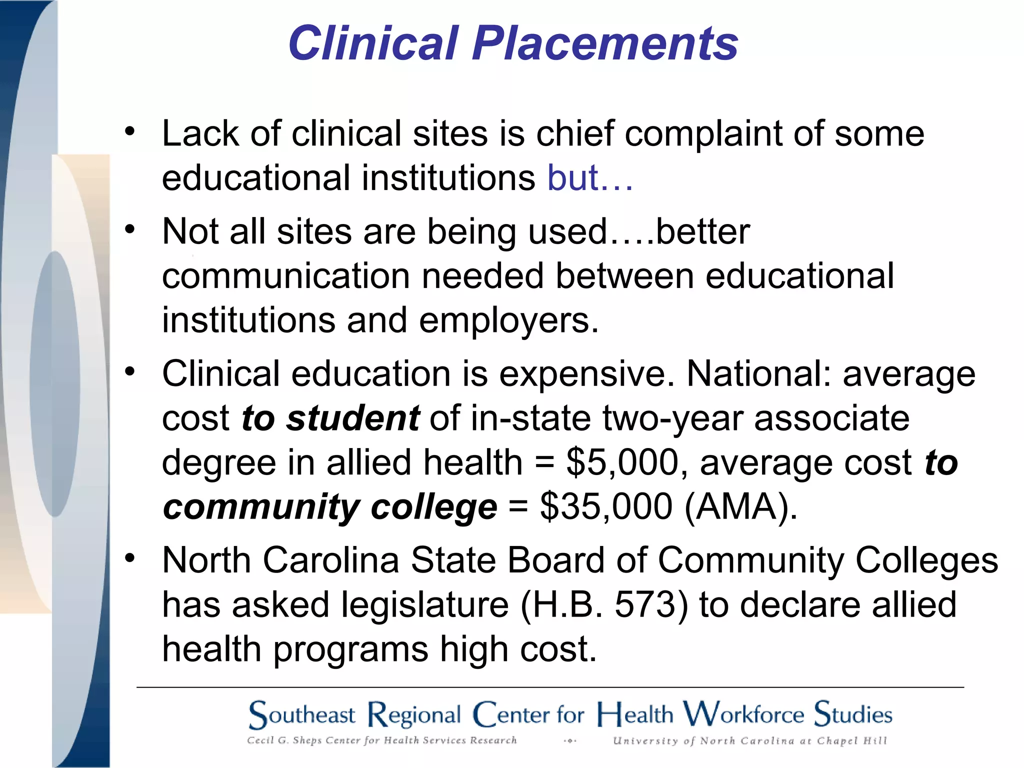 Clinical Placements
• Lack of clinical sites is chief complaint of some
educational institutions but…
• Not all sites are being used….better
communication needed between educational
institutions and employers.
• Clinical education is expensive. National: average
cost to student of in-state two-year associate
degree in allied health = $5,000, average cost to
community college = $35,000 (AMA).
• North Carolina State Board of Community Colleges
has asked legislature (H.B. 573) to declare allied
health programs high cost.
 