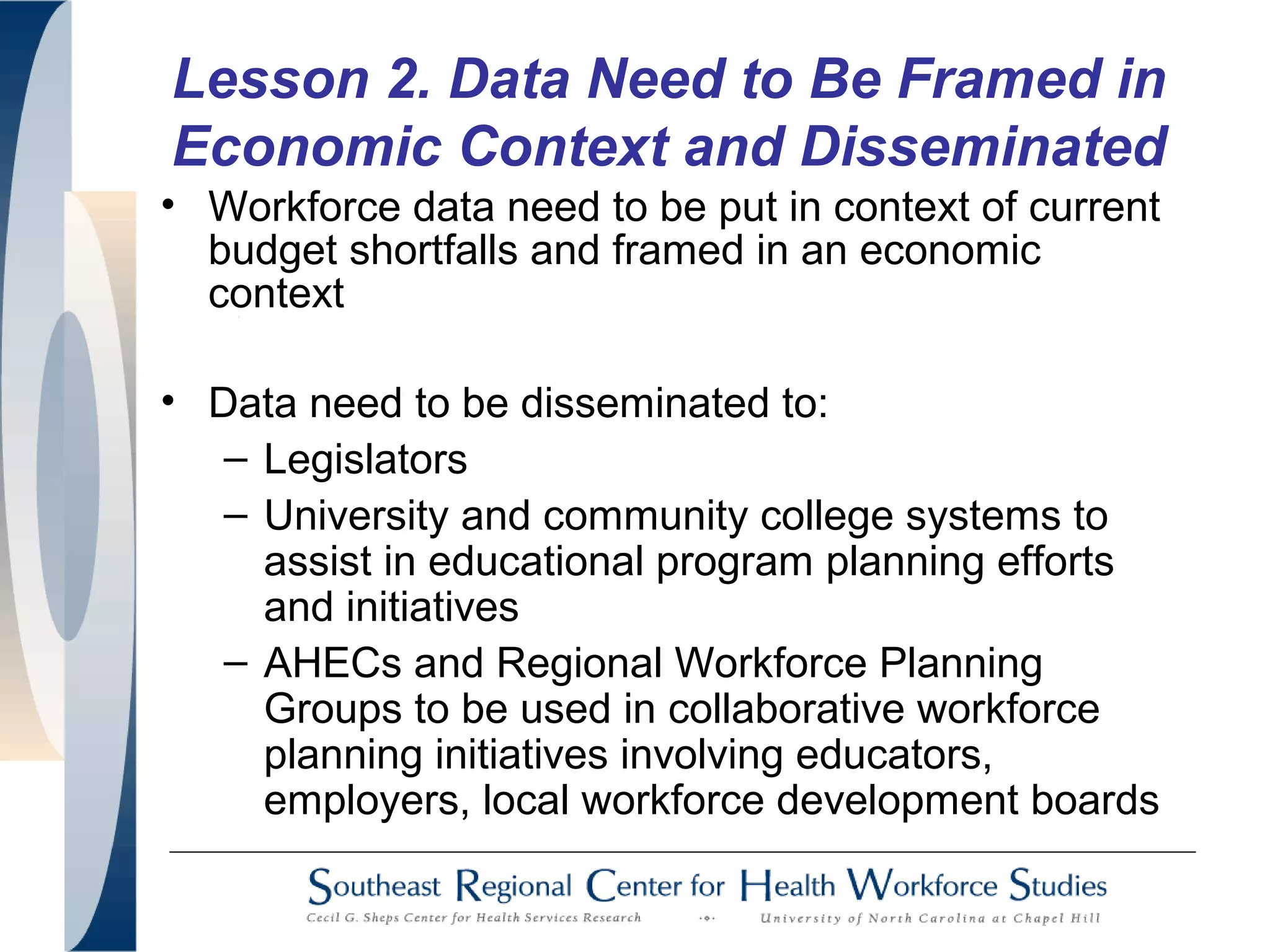 • Workforce data need to be put in context of current
budget shortfalls and framed in an economic
context
• Data need to be disseminated to:
– Legislators
– University and community college systems to
assist in educational program planning efforts
and initiatives
– AHECs and Regional Workforce Planning
Groups to be used in collaborative workforce
planning initiatives involving educators,
employers, local workforce development boards
Lesson 2. Data Need to Be Framed in
Economic Context and Disseminated
 