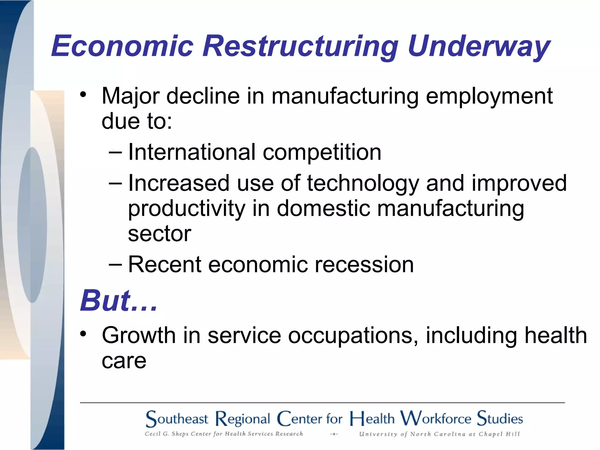 Economic Restructuring Underway
• Major decline in manufacturing employment
due to:
– International competition
– Increased use of technology and improved
productivity in domestic manufacturing
sector
– Recent economic recession
But…
• Growth in service occupations, including health
care
 