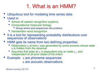1. What is an HMM?
•    Ubiquitous tool for modeling time series data
•    Used in
      •   Almost all speech recognition systems
      •   Computational molecular biology
            •   Group amino acid sequences into proteins
      •   Handwritten word recognition
•    It is a tool for representing probability distributions over
     sequences of observations
•    HMM gets its name from two defining properties:
      •   Observation xt at time t was generated by some process whose state
          zt is hidden from the observer
      •   Assumes that state at zt is dependent only on state zt-1 and
          independent of all prior states (First order)
•    Example: z are phoneme sequences
              x are acoustic observations

    Machine Learning: CSE 574                                              2
 