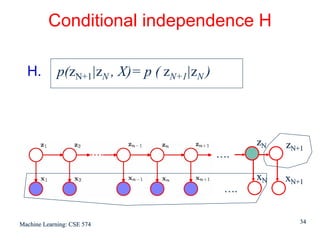 Conditional independence H

  H.         p(zN+1|zN , X)= p ( zN+1|zN )



                                                   zN   zN+1
                                             ….

                                                   xN   xN+1
                                              ….


Machine Learning: CSE 574                                  34
 