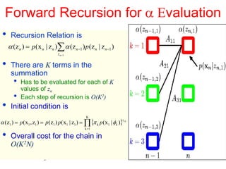 Forward Recursion for α Εvaluation
 •    Recursion Relation is
     α (z n ) = p( x n | z n )∑ α (z n −1 ) p(z n | z n −1 )
                                 z n−1


 •    There are K terms in the
      summation
       •   Has to be evaluated for each of K
           values of zn
       •   Each step of recursion is O(K2)
 •    Initial condition is
                                                 K
α (z1 ) = p ( x1 , z1 ) = p (z1 ) p ( x1 | z1 ) = ∏ {π k p( x1 | φk )}z
                                                                      1k


                                                k =1

 •    Overall cost for the chain in
      O(K2N)
       Machine Learning: CSE 574                                           38
 