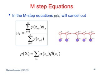 M step Equations
  • In the M-step equations p(x) will cancel out
                       N

                     ∑γ (z      nk   )x n
           μk =       n =1
                         N

                        ∑γ (z
                        n =1
                                    nk   )


                p(X) = ∑ α ( zn ) β ( zn )
                               zn



Machine Learning: CSE 574                          41
 