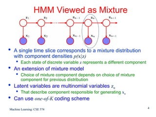 HMM Viewed as Mixture



•   A single time slice corresponds to a mixture distribution
    with component densities p(x|z)
    •   Each state of discrete variable z represents a different component
•   An extension of mixture model
    •   Choice of mixture component depends on choice of mixture
        component for previous distribution
•   Latent variables are multinomial variables zn
    •   That describe component responsible for generating xn
•   Can use one-of-K coding scheme
Machine Learning: CSE 574                                                    4
 