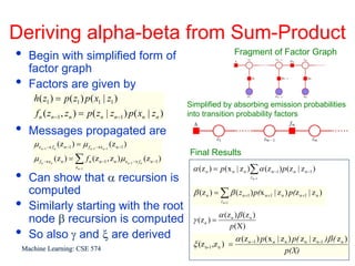 Deriving alpha-beta from Sum-Product
•   Begin with simplified form of                                                              Fragment of Factor Graph
    factor graph
•   Factors are given by
     h( z1 ) = p ( z1 ) p ( x1 | z1 )
                                                                       Simplified by absorbing emission probabilities
     f n ( zn −1 , zn ) = p ( zn | zn −1 ) p ( xn | zn )               into transition probability factors

•   Messages propagated are
     μz   n−1 → f n
                      (z n −1 ) = μ fn−1 →zn−1 (z n −1 )
                                                                       Final Results
     μf   n →zn
                (z n ) = ∑ f n (z n −1 , z n ) μ zn−1 → fn (z n −1 )
                               z n−1
                                                                        α (z n ) = p( x n | z n )∑ α (z n −1 ) p(z n | z n −1 )
•   Can show that α recursion is                                                                      z n−1


    computed                                                            β (z n ) = ∑ β ( z n +1 ) p(x n +1 | z n ) p(z n +1 | z n )
•   Similarly starting with the root
                                                                                      z n+1


                                                                                     α (z n ) β (z n )
    node β recursion is computed                                        γ (z n ) =
                                                                                              p (X)
•   So also γ and ξ are derived
                                                                        ξ (z n-1 ,z n ) =
                                                                                               α (z n −1 ) p (x n | z n ) p( z n | z n-1 )β ( z n )
 Machine Learning: CSE 574                                                                                                                  49
                                                                                                                      p(X)
 