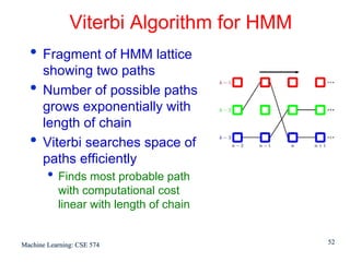 Viterbi Algorithm for HMM
  • Fragment of HMM lattice
      showing two paths
  •   Number of possible paths
      grows exponentially with
      length of chain
  •   Viterbi searches space of
      paths efficiently
        • Finds most probable path
           with computational cost
           linear with length of chain


Machine Learning: CSE 574                  52
 