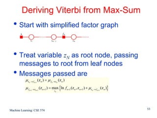 Deriving Viterbi from Max-Sum
  • Start with simplified factor graph

  • Treat variable zN as root node, passing
      messages to root from leaf nodes
  •   Messages passed are
           μz   n → f n +1
                             (z n ) = μ fn →zn (z n )
           μf   n +1 → z n +1
                                                  {                                         }
                                (z n +1 ) = max ln f n +1 (z n , z n +1 ) + μzn → fn+1 (z n )
                                             zn




Machine Learning: CSE 574                                                                       53
 