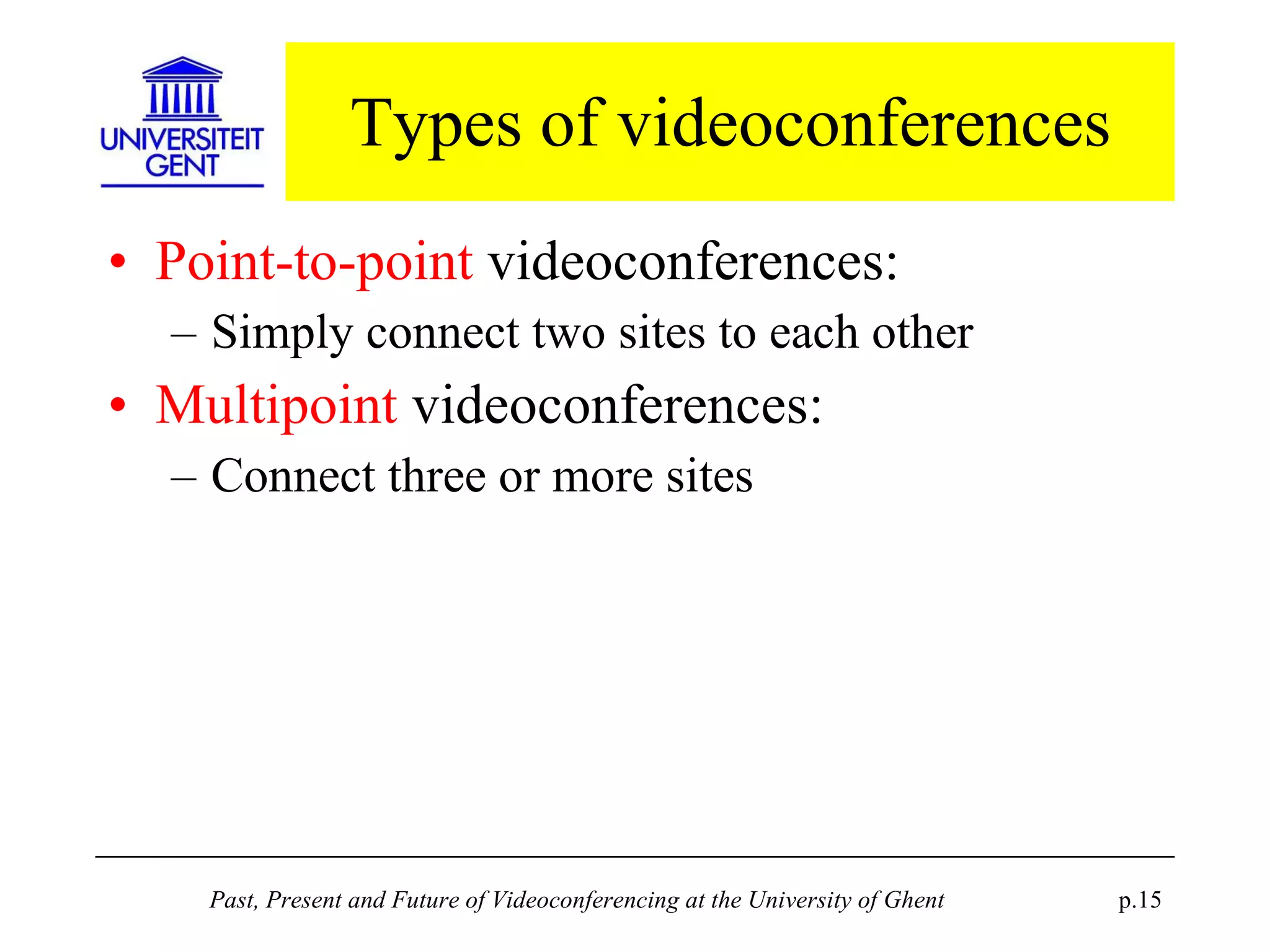 Types of videoconferences Point-to-point  videoconferences: Simply connect two sites to each other Multipoint  videoconferences: Connect three or more sites 