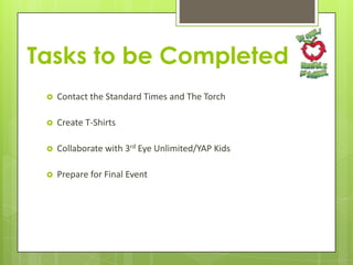 Tasks to be Completed


Contact the Standard Times and The Torch



Create T-Shirts



Collaborate with 3rd Eye Unlimited/YAP Kids



Prepare for Final Event

 