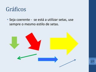 Gráficos
• Seja coerente - se está a utilizar setas, use
sempre o mesmo estilo de setas.
27
 