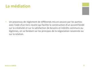 Sélexion/AMDA
La médiation
• Un processus de règlement de différends mis en oeuvre par les parties
avec l’aide d’un tiers neutre qui facilite la construction d’un accord fondé
sur la créativité et sur la satisfaction de besoins et intérêts communs ou
légitimes, en se fondant sur les principes de la négociation raisonnée ou
sur la relation.
31
 