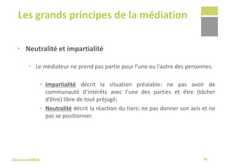 Sélexion/AMDA
Les grands principes de la médiation
38
• Neutralité et impartialité
• Le médiateur ne prend pas partie pour l’une ou l’autre des personnes.
• Impartialité décrit la situation préalable: ne pas avoir de
communauté d’intérêts avec l’une des parties et être (tâcher
d’être) libre de tout préjugé;
• Neutralité décrit la réaction du tiers: ne pas donner son avis et ne
pas se positionner.
 