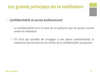 Sélexion/AMDA
Les grands principes de la médiation
42
• Confidentialité et secret professionnel
• La confidentialité est à la base de la confiance que les parties auront
envers le médiateur.
• S’il n’est pas possible de s’engager à une pleine confidentialité, le
médiateur devrait préciser les limites de la confidentialité aux parties.
 