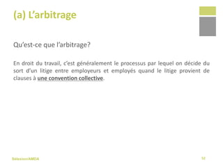 Sélexion/AMDA
(a) L’arbitrage
Qu’est-ce que l’arbitrage?
En droit du travail, c’est généralement le processus par lequel on décide du
sort d’un litige entre employeurs et employés quand le litige provient de
clauses à une convention collective.
52
 