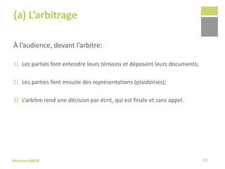 Sélexion/AMDA
(a) L’arbitrage
À l’audience, devant l’arbitre:
1) Les parties font entendre leurs témoins et déposent leurs documents;
2) Les parties font ensuite des représentations (plaidoiries);
3) L’arbitre rend une décision par écrit, qui est finale et sans appel.
55
 