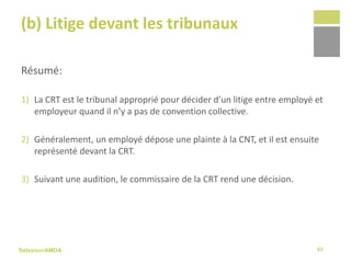 Sélexion/AMDA
(b) Litige devant les tribunaux
Résumé:
1) La CRT est le tribunal approprié pour décider d’un litige entre employé et
employeur quand il n’y a pas de convention collective.
2) Généralement, un employé dépose une plainte à la CNT, et il est ensuite
représenté devant la CRT.
3) Suivant une audition, le commissaire de la CRT rend une décision.
62
 