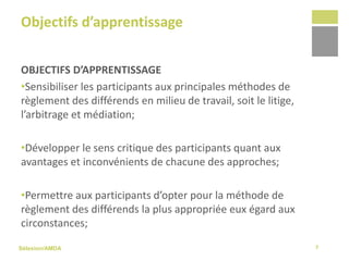 Sélexion/AMDA
Objectifs d’apprentissage
OBJECTIFS D’APPRENTISSAGE
•Sensibiliser les participants aux principales méthodes de
règlement des différends en milieu de travail, soit le litige,
l’arbitrage et médiation;
•Développer le sens critique des participants quant aux
avantages et inconvénients de chacune des approches;
•Permettre aux participants d’opter pour la méthode de
règlement des différends la plus appropriée eux égard aux
circonstances;
7
 