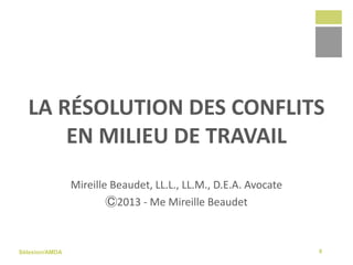 Sélexion/AMDA
LA RÉSOLUTION DES CONFLITS
EN MILIEU DE TRAVAIL
Mireille Beaudet, LL.L., LL.M., D.E.A. Avocate
Ⓒ2013 - Me Mireille Beaudet
8
 
