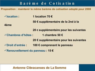 Proposition : maintenir le même barème de cotisation adopté pour 2008 Barème de Cotisation Antenne Clévacances de La Somme location  :   1 location 70  € 50 € supplémentaire de la 2nd à la 4ème 20  €  supplémentaire pour les suivantes Chambres d’hôtes   :  1 chambre 50 € 20 € supplémentaire pour les suivantes Droit d’entrée  :  100 € comprenant le panneau Renouvellement du panneau  : 15  € 