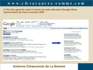 5.124 clics générés suite à l’achat de mots-clés dans Google (liens sponsorisés) de mars à octobre 2007 Relais Gîtes de France de La Somme Antenne Clévacances de La Somme www.clevacances-somme.com 