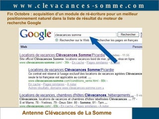 Fin Octobre : acquisition d’un module de ré-écriture pour un meilleur positionnement naturel dans la liste de résultat du moteur de recherche Google www.clevacances-somme.com Antenne Clévacances de La Somme 