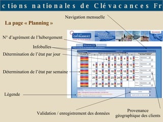 La page « Planning » N° d’agrément de l’hébergement Légende Détermination de l’état par jour Détermination de l’état par semaine Navigation mensuelle Validation / enregistrement des données Provenance géographique des clients Infobulles Les actions nationales de Clévacances France 
