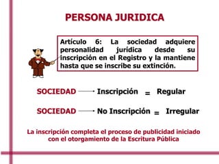 PERSONA JURIDICA
SOCIEDAD Inscripción Regular
=
SOCIEDAD No Inscripción Irregular
=
La inscripción completa el proceso de publicidad iniciado
con el otorgamiento de la Escritura Pública
Artículo 6: La sociedad adquiere
personalidad jurídica desde su
inscripción en el Registro y la mantiene
hasta que se inscribe su extinción.
Artículo 6: La sociedad adquiere
personalidad jurídica desde su
inscripción en el Registro y la mantiene
hasta que se inscribe su extinción.
 