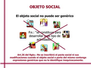 El objeto social no puede ser genérico
P.e.: “se constituye para
desarrollar todo tipo de
actividades”
Art.26 del Rgto.: No se inscribirá el pacto social ni sus
modificaciones cuando el objeto social o parte del mismo contenga
expresiones genéricas que no lo identifique inequívocamente.
OBJETO SOCIAL
 