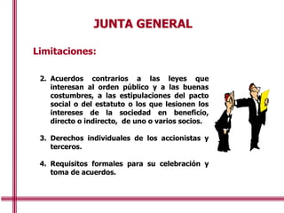 JUNTA GENERAL
Limitaciones:
2. Acuerdos contrarios a las leyes que
interesan al orden público y a las buenas
costumbres, a las estipulaciones del pacto
social o del estatuto o los que lesionen los
intereses de la sociedad en beneficio,
directo o indirecto, de uno o varios socios.
3. Derechos individuales de los accionistas y
terceros.
4. Requisitos formales para su celebración y
toma de acuerdos.
 