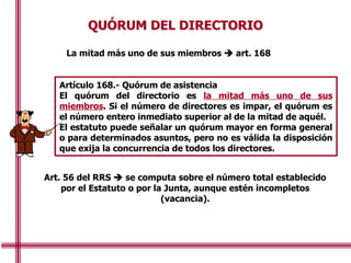 QUÓRUM DEL DIRECTORIO
La mitad más uno de sus miembros  art. 168
Art. 56 del RRS  se computa sobre el número total establecido
por el Estatuto o por la Junta, aunque estén incompletos
(vacancia).
Artículo 168.- Quórum de asistencia
El quórum del directorio es la mitad más uno de sus
miembros. Si el número de directores es impar, el quórum es
el número entero inmediato superior al de la mitad de aquél.
El estatuto puede señalar un quórum mayor en forma general
o para determinados asuntos, pero no es válida la disposición
que exija la concurrencia de todos los directores.
 