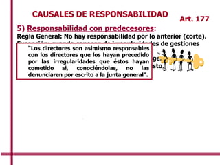 5) Responsabilidad con predecesores:
Regla General: No hay responsabilidad por lo anterior (corte).
Excepción: cuando conocen de irregularidades de gestiones
anteriores.
Consecuencia de la “lealtad” que se les exige.
LGS los considera cómplices en este supuesto.
CAUSALES DE RESPONSABILIDAD
Art. 177
“Los directores son asimismo responsables
con los directores que los hayan precedido
por las irregularidades que éstos hayan
cometido si, conociéndolas, no las
denunciaren por escrito a la junta general”.
“Los directores son asimismo responsables
con los directores que los hayan precedido
por las irregularidades que éstos hayan
cometido si, conociéndolas, no las
denunciaren por escrito a la junta general”.
 