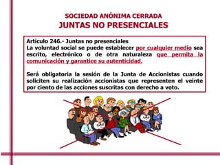 SOCIEDAD ANÓNIMA CERRADA
JUNTAS NO PRESENCIALES
Artículo 246.- Juntas no presenciales
La voluntad social se puede establecer por cualquier medio sea
escrito, electrónico o de otra naturaleza que permita la
comunicación y garantice su autenticidad.
Será obligatoria la sesión de la Junta de Accionistas cuando
soliciten su realización accionistas que representen el veinte
por ciento de las acciones suscritas con derecho a voto.
 