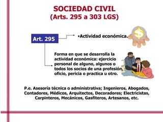 Forma en que se desarrolla la
actividad económica: ejercicio
personal de alguno, algunos o
todos los socios de una profesión,
oficio, pericia o practica u otro.
•Actividad económica.
Art. 295
P.e. Asesoría técnica o administrativa; Ingenieros, Abogados,
Contadores, Médicos, Arquitectos, Decoradores; Electricistas,
Carpinteros, Mecánicos, Gasfiteros, Artesanos, etc.
SOCIEDAD CIVIL
(Arts. 295 a 303 LGS)
 