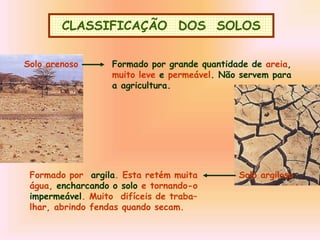 CLASSIFICAÇÃO DOS SOLOS
Solo arenoso Formado por grande quantidade de areia,
muito leve e permeável. Não servem para
a agricultura.
Formado por argila. Esta retém muita
água, encharcando o solo e tornando-o
impermeável. Muito difíceis de traba–
lhar, abrindo fendas quando secam.
Solo argiloso
 