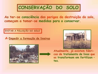 CONSERVAÇÃO DO SOLO
Ao ter-se consciência dos perigos da destruição do solo,
começam a tomar-se medidas para o conservar.
EVITAR A POLUIÇÃO DO SOLO
A–Impedir a formação de lixeiras
Atualmente, já existem fábri-
cas de tratamento de lixos que
os transformam em fertilizan –
tes.
 