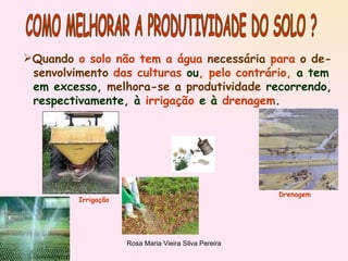 COMO MELHORAR A PRODUTIVIDADE DO SOLO ? Quando  o solo não tem a água  necessária  para  o de- senvolvimento  das culturas  ou , pelo contrário,  a tem em excesso,  melhora-se a produtividade  recorrendo, respectivamente, à  irrigação  e à  drenagem .  Irrigação Drenagem 