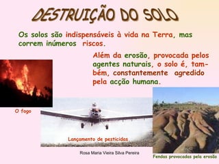 DESTRUIÇÃO DO SOLO Os solos são  indispensáveis à vida na Terra , mas correm inúmeros  riscos . Além da  erosão , provocada pelos agentes naturais , o solo é, tam- bém,  constantemente  agredido   pela  acção humana . Fendas provocadas pela erosão O fogo Lançamento de pesticidas 