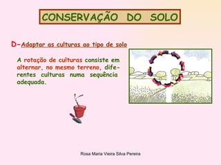 CONSERVAÇÃO  DO  SOLO A  rotação de culturas  consiste em  alternar, no mesmo terreno , dife- rentes  culturas  numa  sequência  adequada. D- Adaptar as culturas ao tipo de solo 