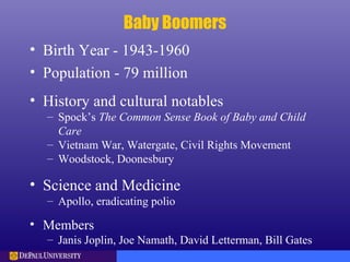 Baby Boomers
• Birth Year - 1943-1960
• Population - 79 million
• History and cultural notables
– Spock’s The Common Sense Book of Baby and Child
Care
– Vietnam War, Watergate, Civil Rights Movement
– Woodstock, Doonesbury
• Science and Medicine
– Apollo, eradicating polio
• Members
– Janis Joplin, Joe Namath, David Letterman, Bill Gates
 