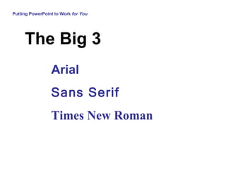 Putting PowerPoint to Work  for You Arial  Sans Serif Times New Roman The Big 3  